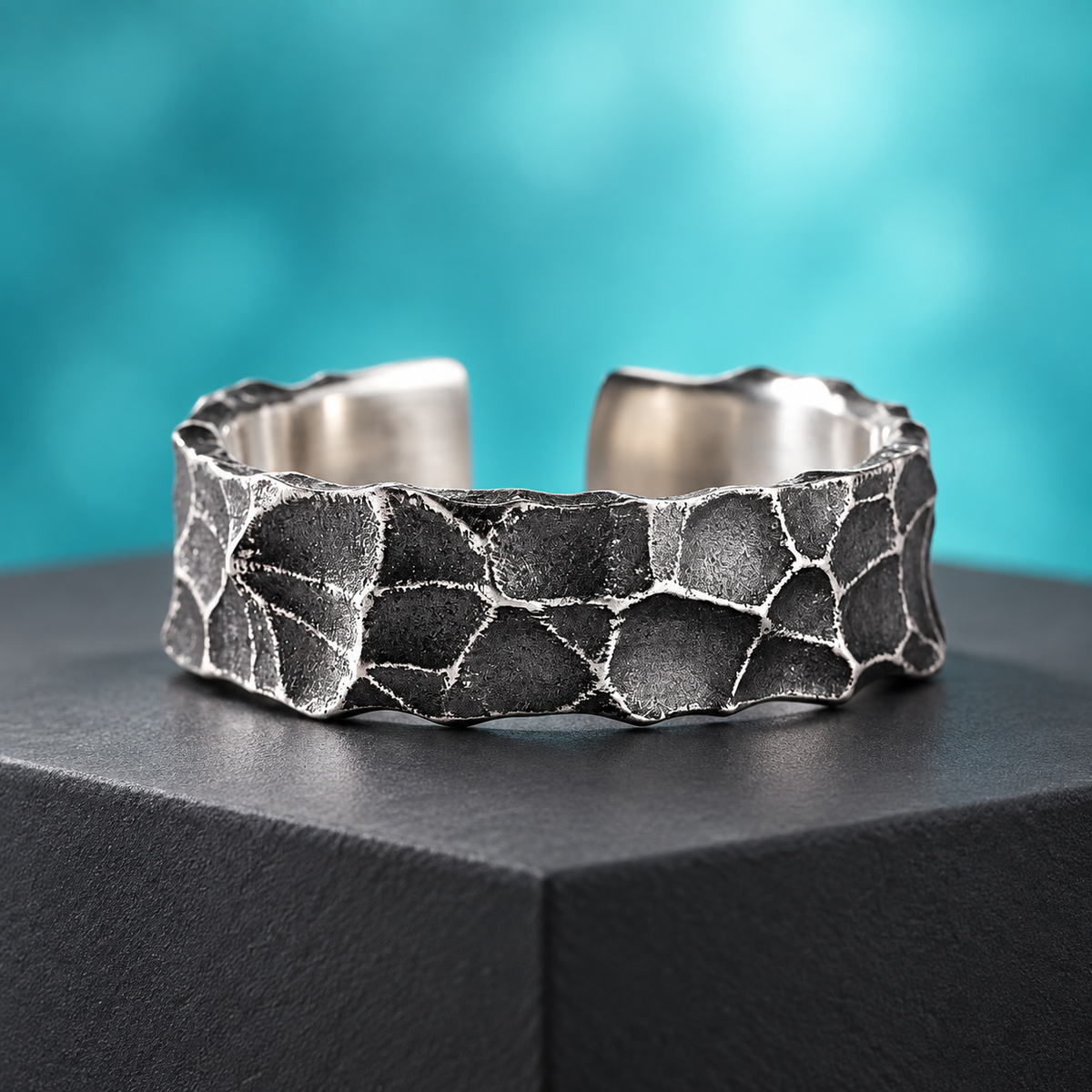 Dark Silver-Tone Faceted Open Ring for Men in a styled product view.