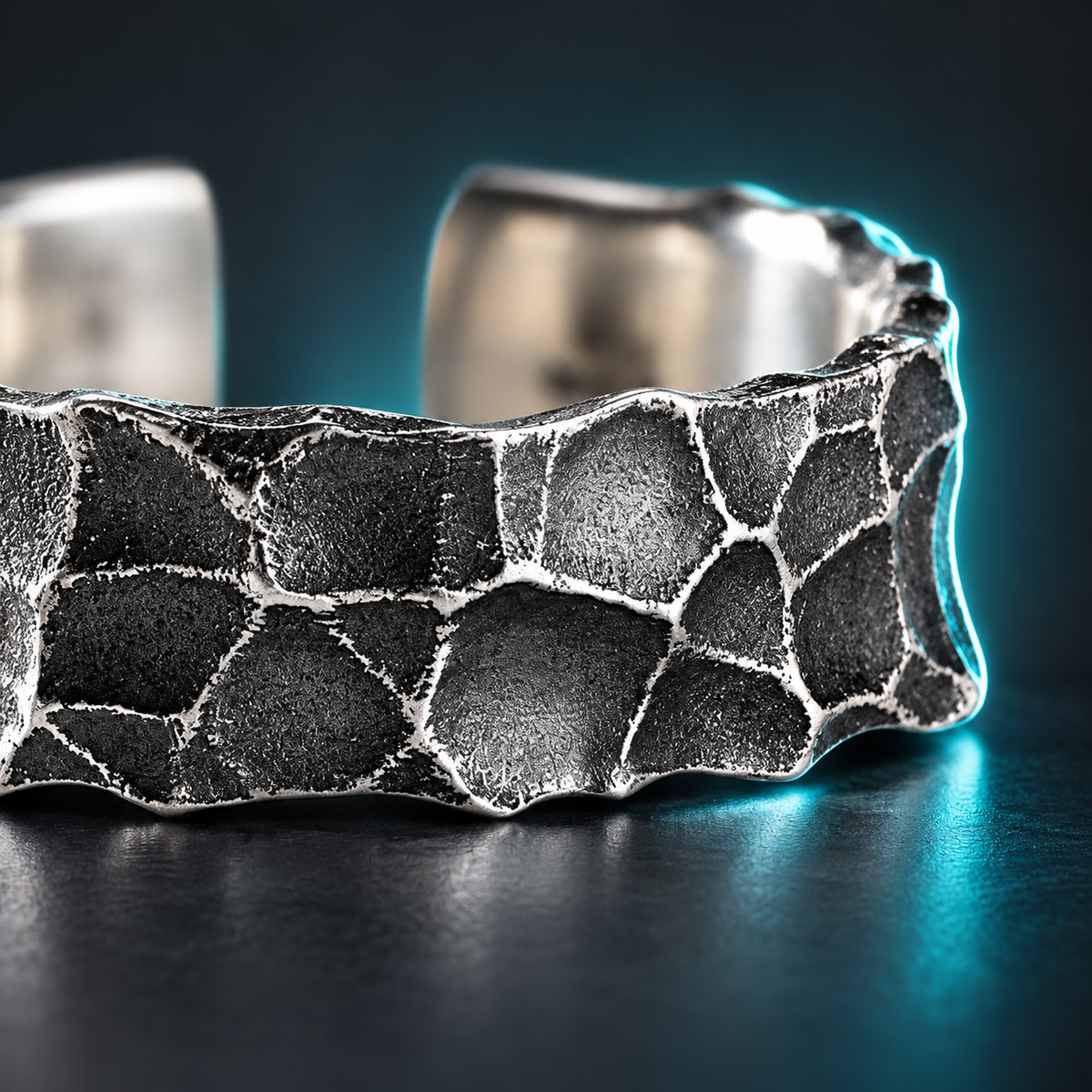 Dark Silver-Tone Faceted Open Ring for Men in a styled product view.