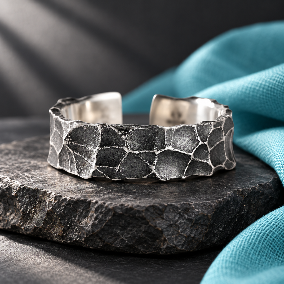 Dark Silver-Tone Faceted Open Ring for Men in a styled product view.