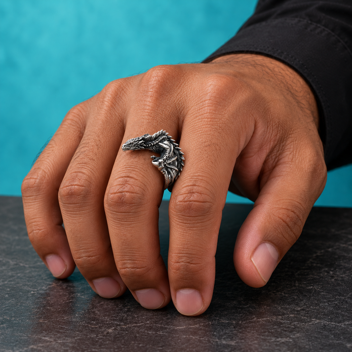Silver-Tone Sculptural Dragon Ring for Men – Mastt