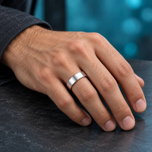 Silver-Tone Plain Open Band Ring for Men shown on a hand.