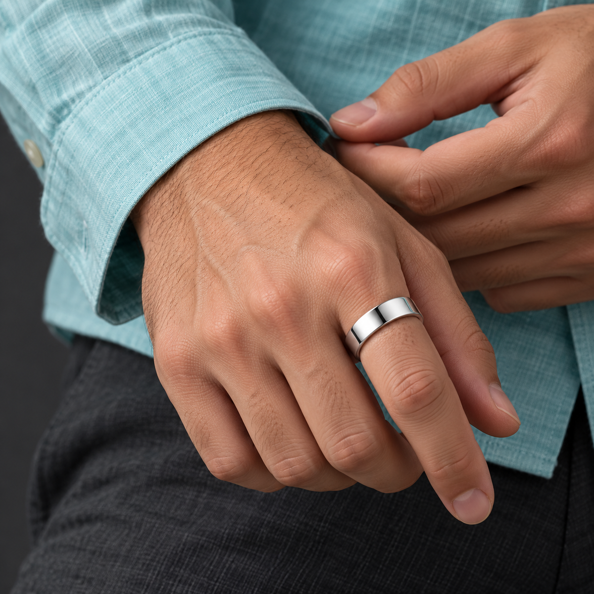 Silver-Tone Plain Open Band Ring for Men shown on a hand.