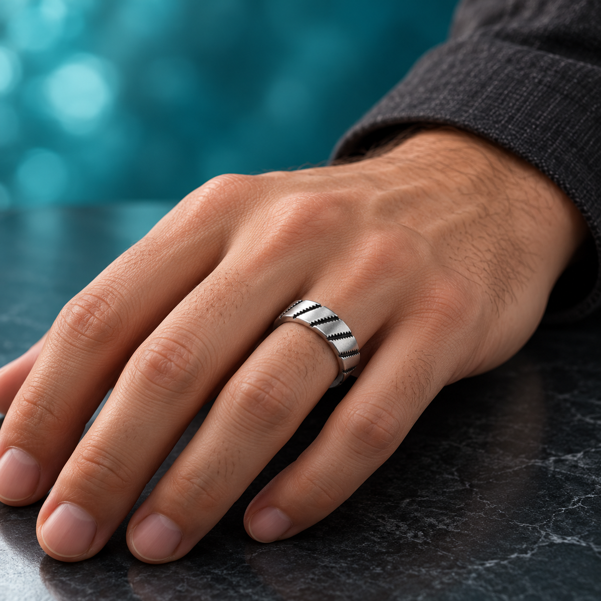 Silver-Tone Diagonal-Groove Open Ring for Men shown on a hand.