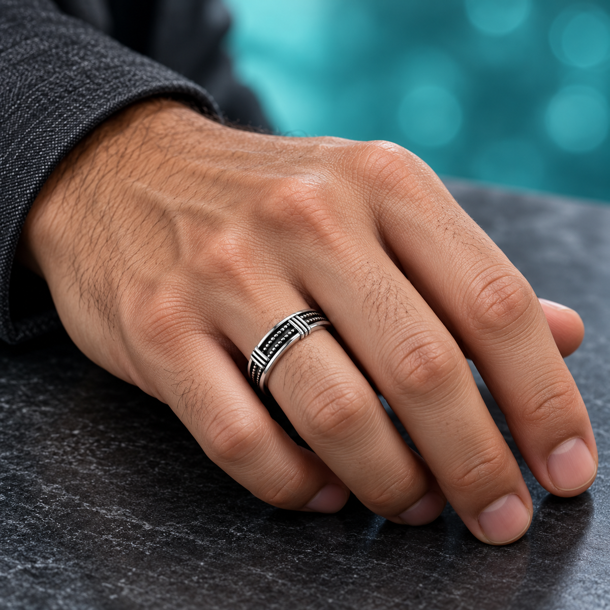 Silver-Tone Rope-Detail Open Ring for Men shown on a hand.