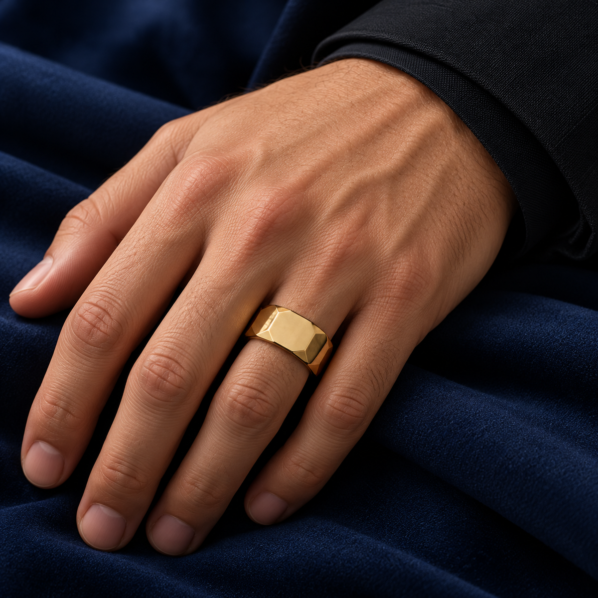Gold-tone faceted band ring styled on a male hand