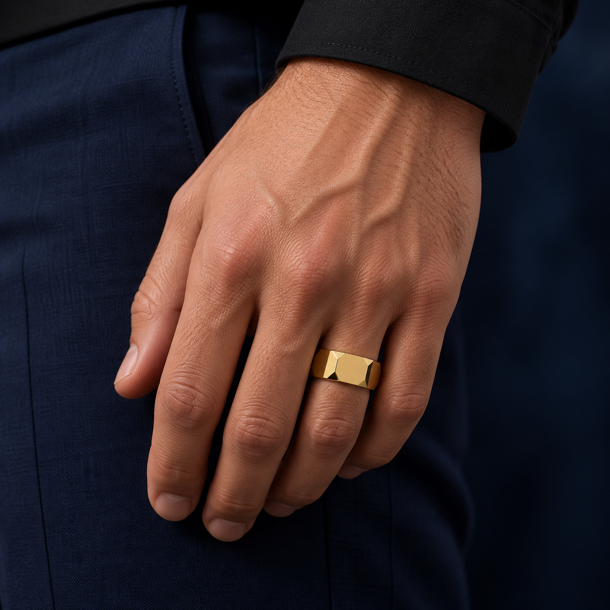 Gold-tone faceted band ring styled on a male hand