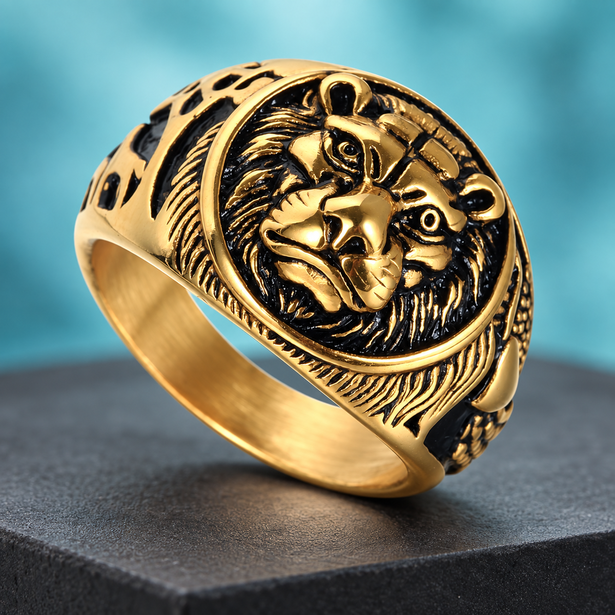 Gold-Tone Lion-Face Ring for Men - photo 1