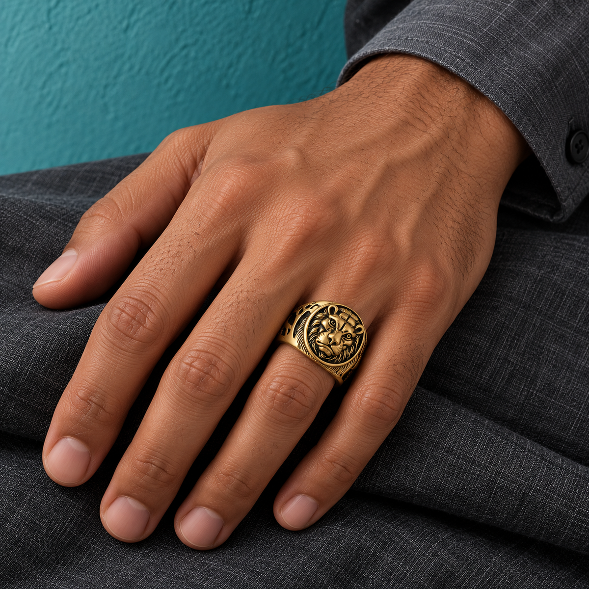 Gold-Tone Lion-Face Ring for Men - photo 3