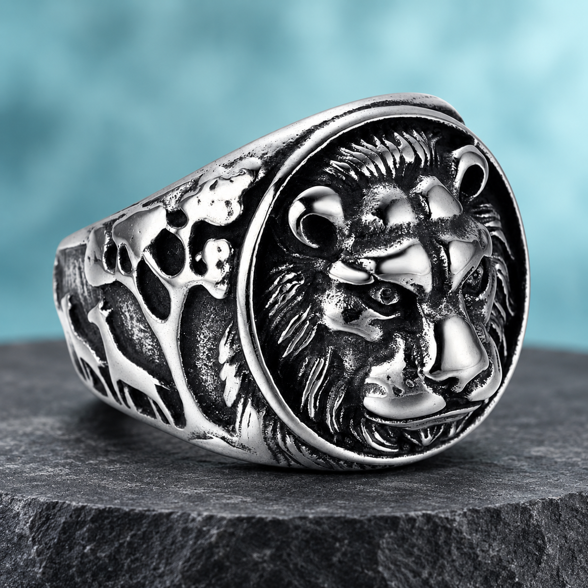 Dark Silver-Tone Lion-Face Ring for Men - photo 1