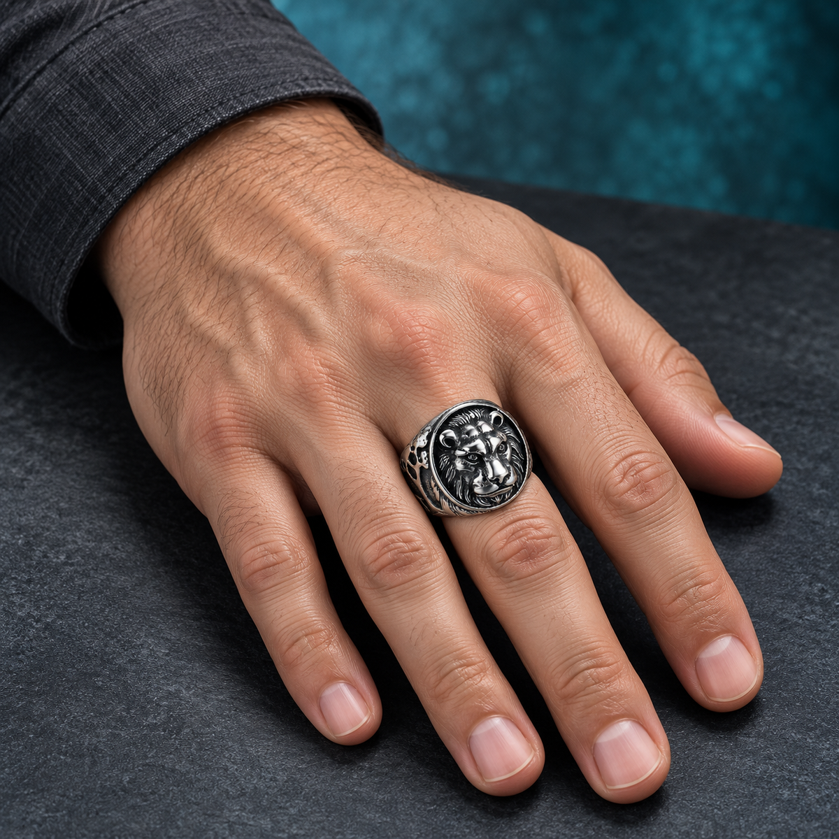 Dark Silver-Tone Lion-Face Ring for Men - photo 2