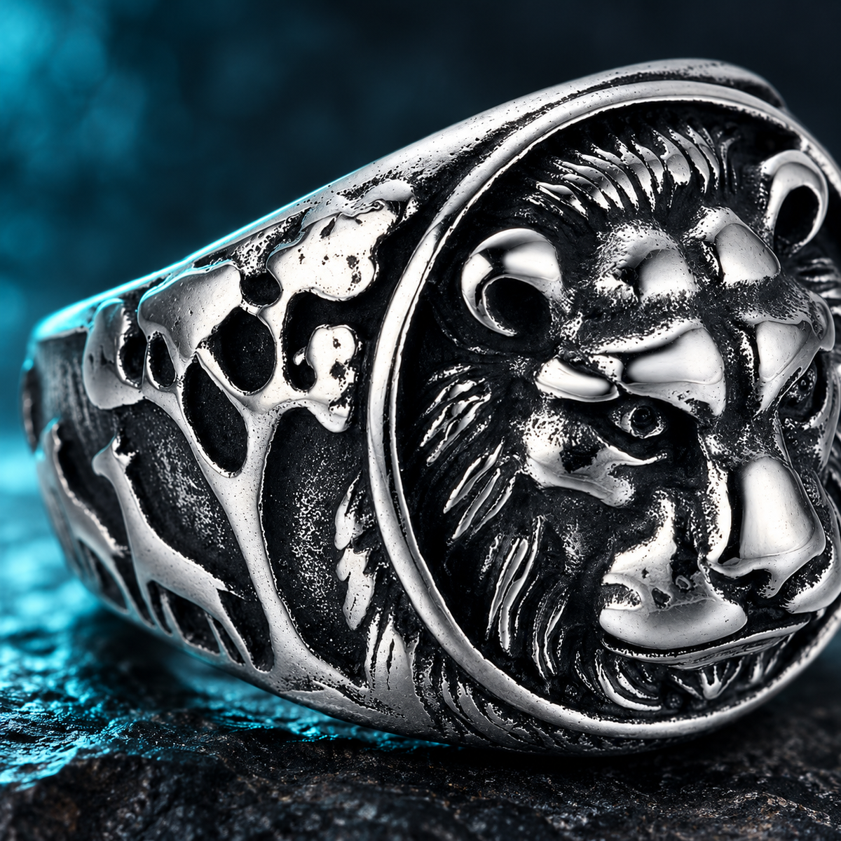 Dark Silver-Tone Lion-Face Ring for Men - photo 5