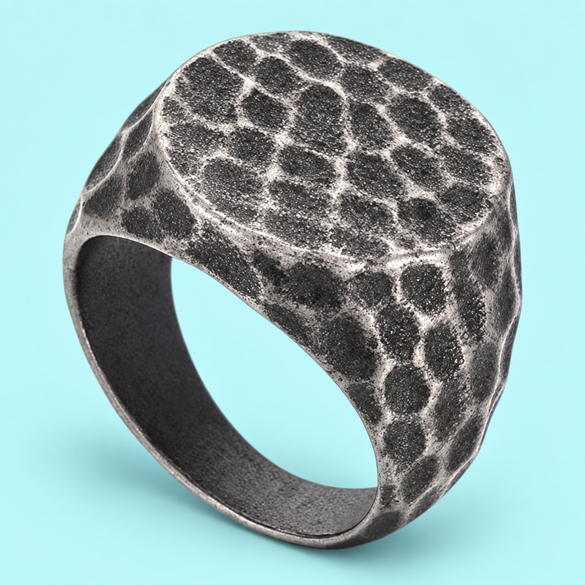Dark Hammered-Look Signet Ring in a styled product view.