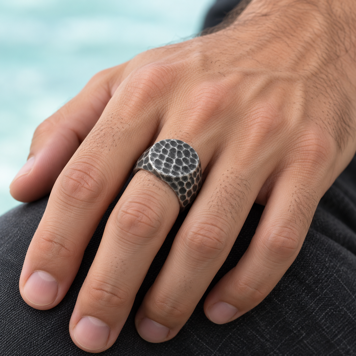 Dark Hammered-Look Signet Ring shown on a hand.
