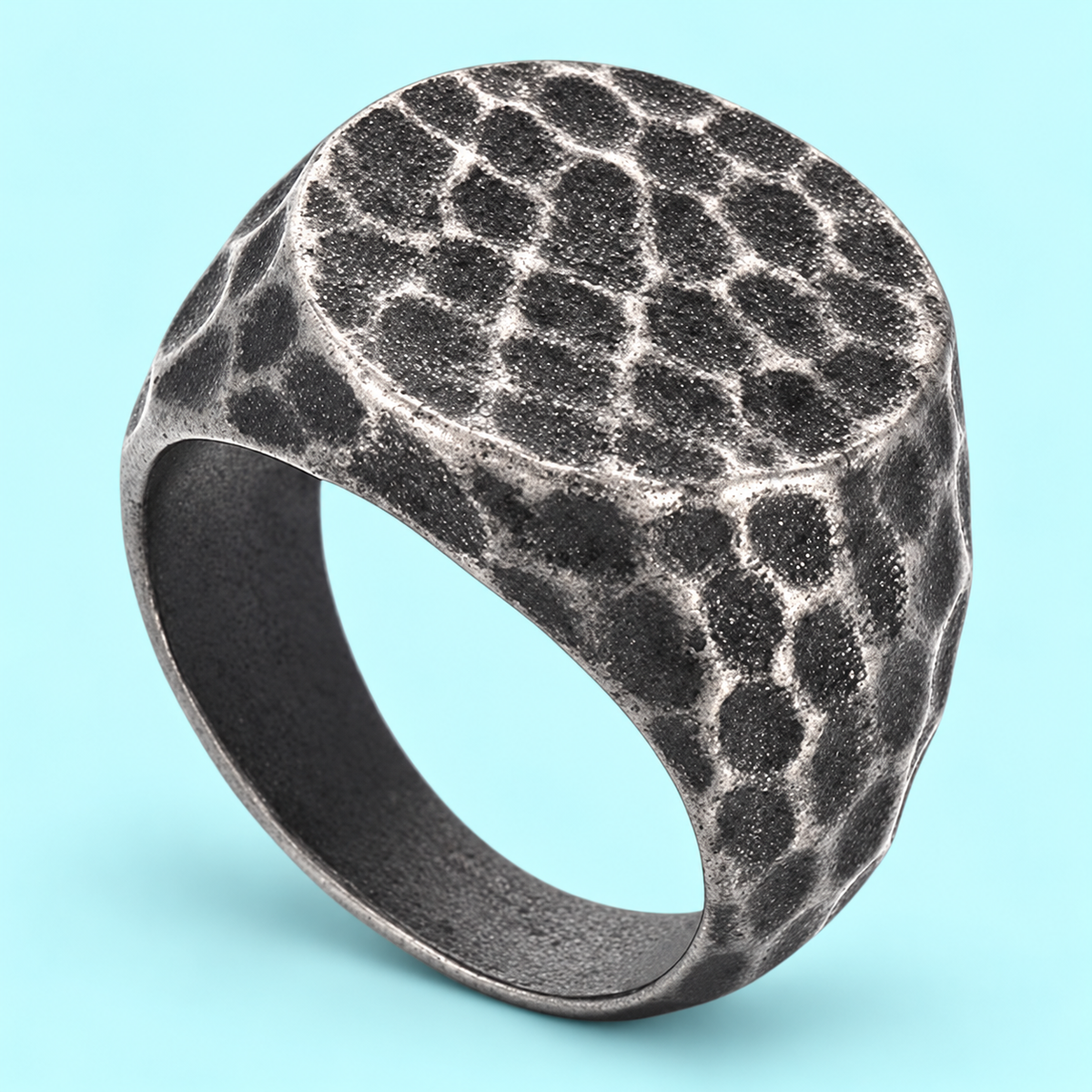 Dark Hammered-Look Signet Ring in a styled product view.