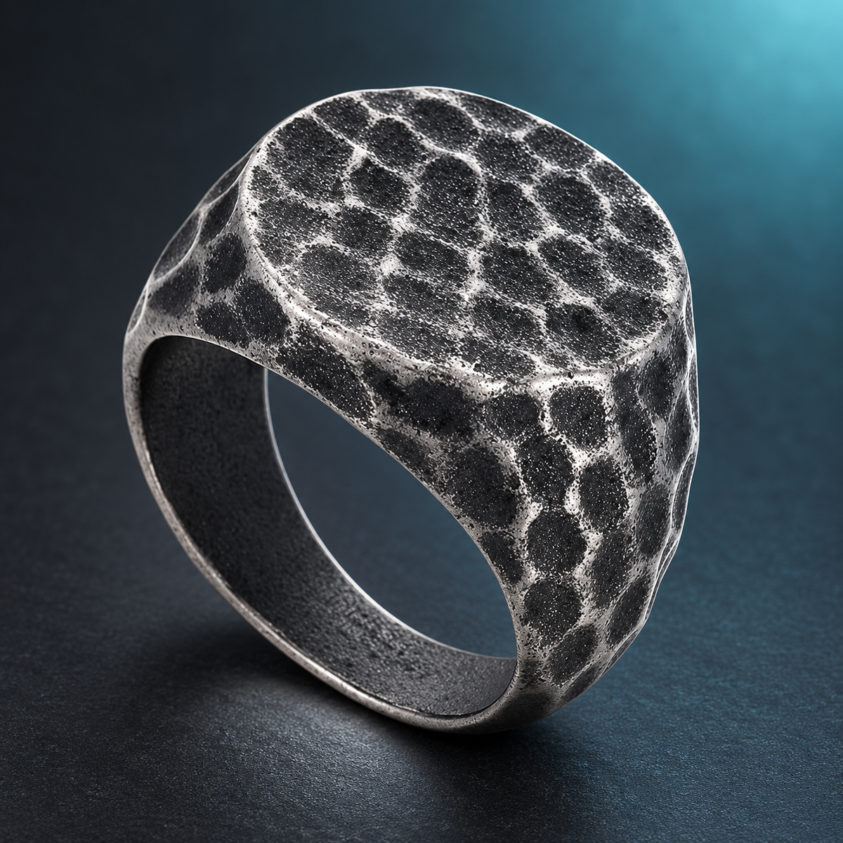 Dark Hammered-Look Signet Ring in a styled product view.