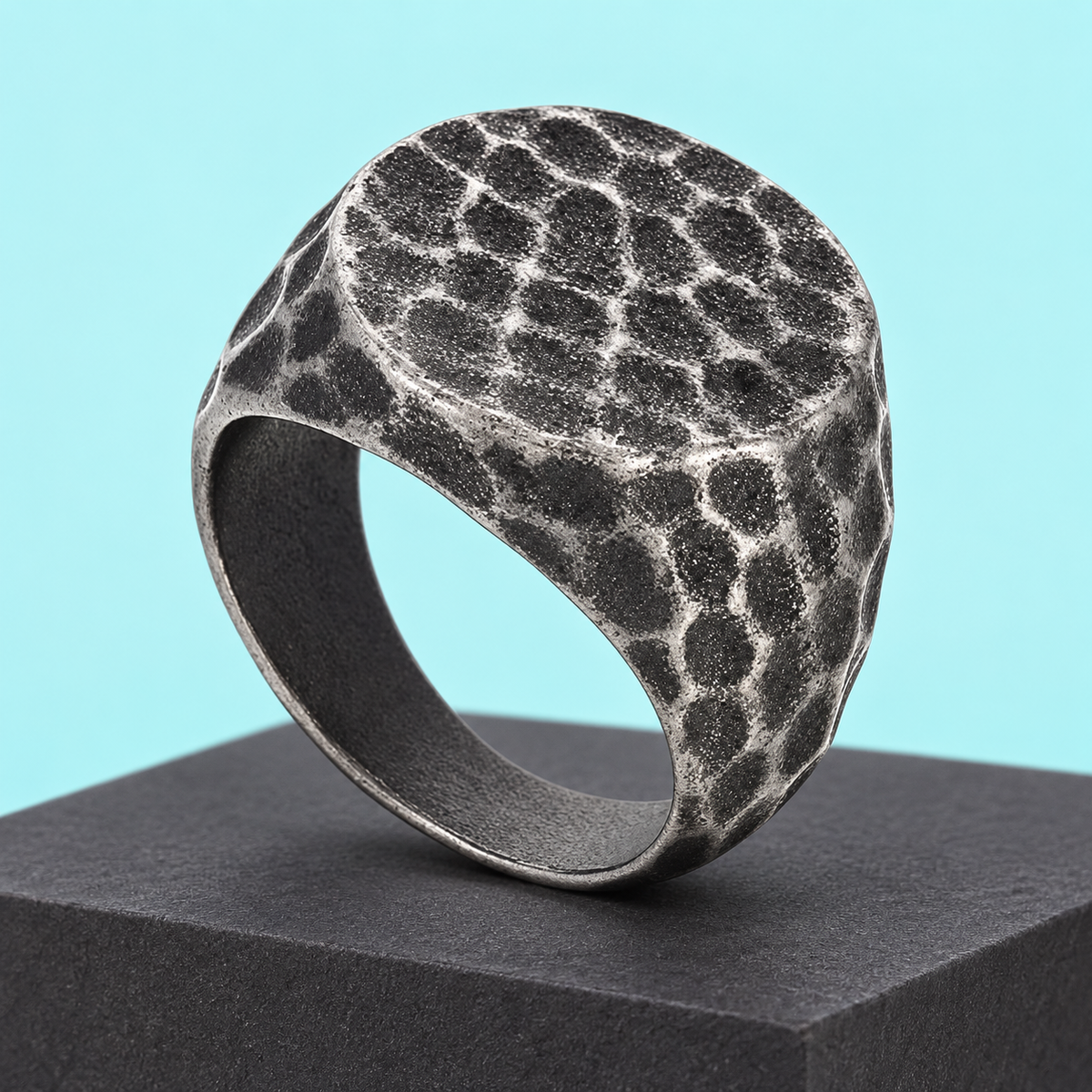 Dark Hammered-Look Signet Ring in a styled product view.