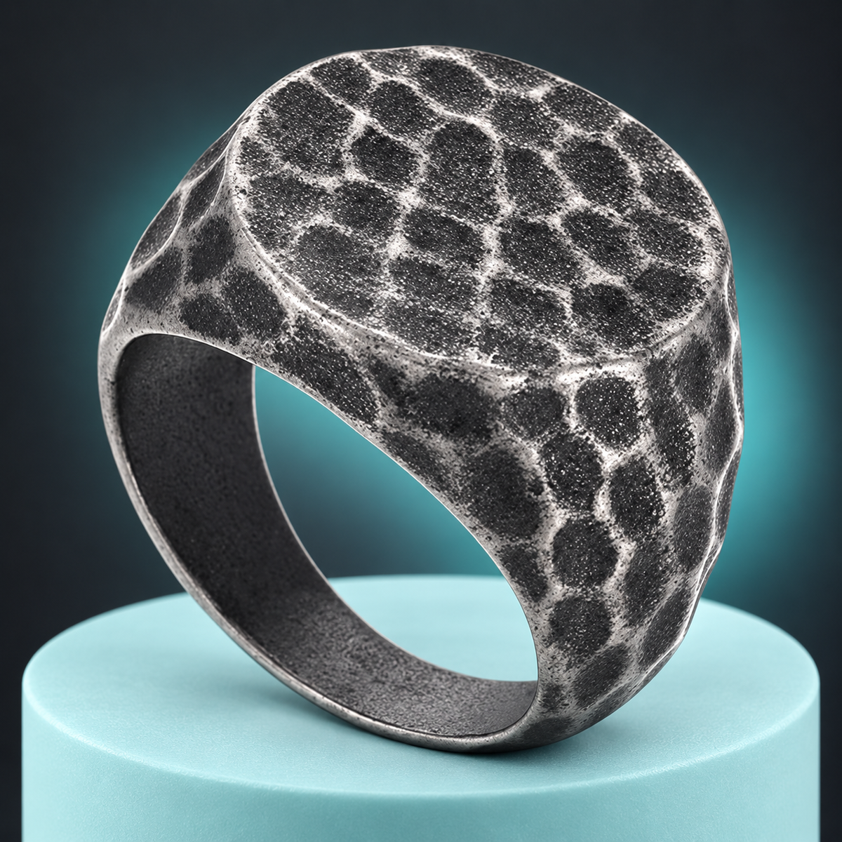 Dark Hammered-Look Signet Ring in a styled product view.