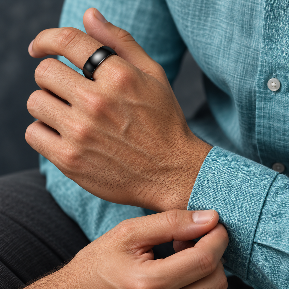 Black Domed Band Ring for Men shown on a hand.