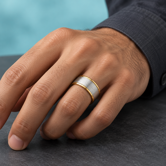 Gold-Tone and Silver-Tone Grooved Band shown on a hand.