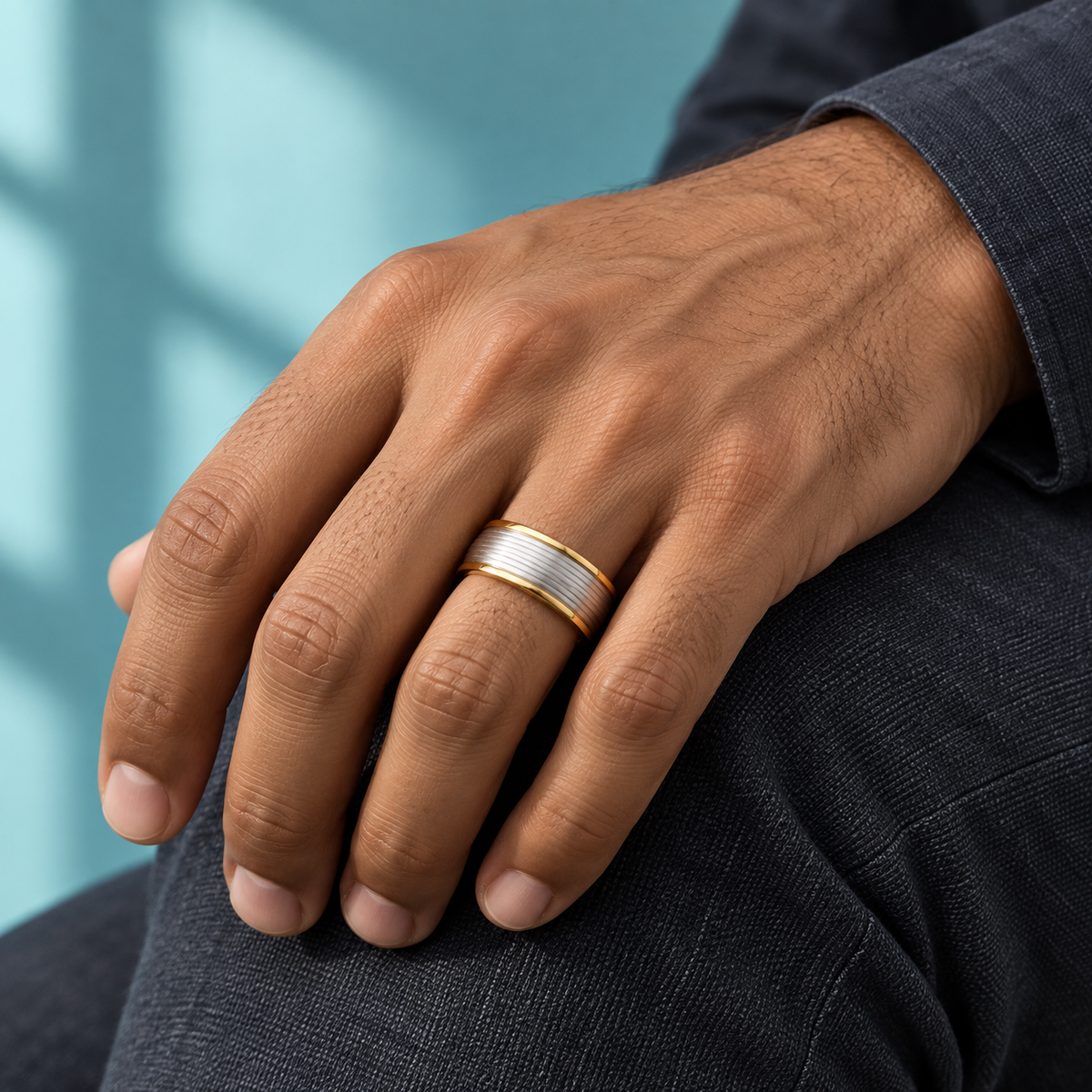 Gold-Tone and Silver-Tone Grooved Band shown on a hand.