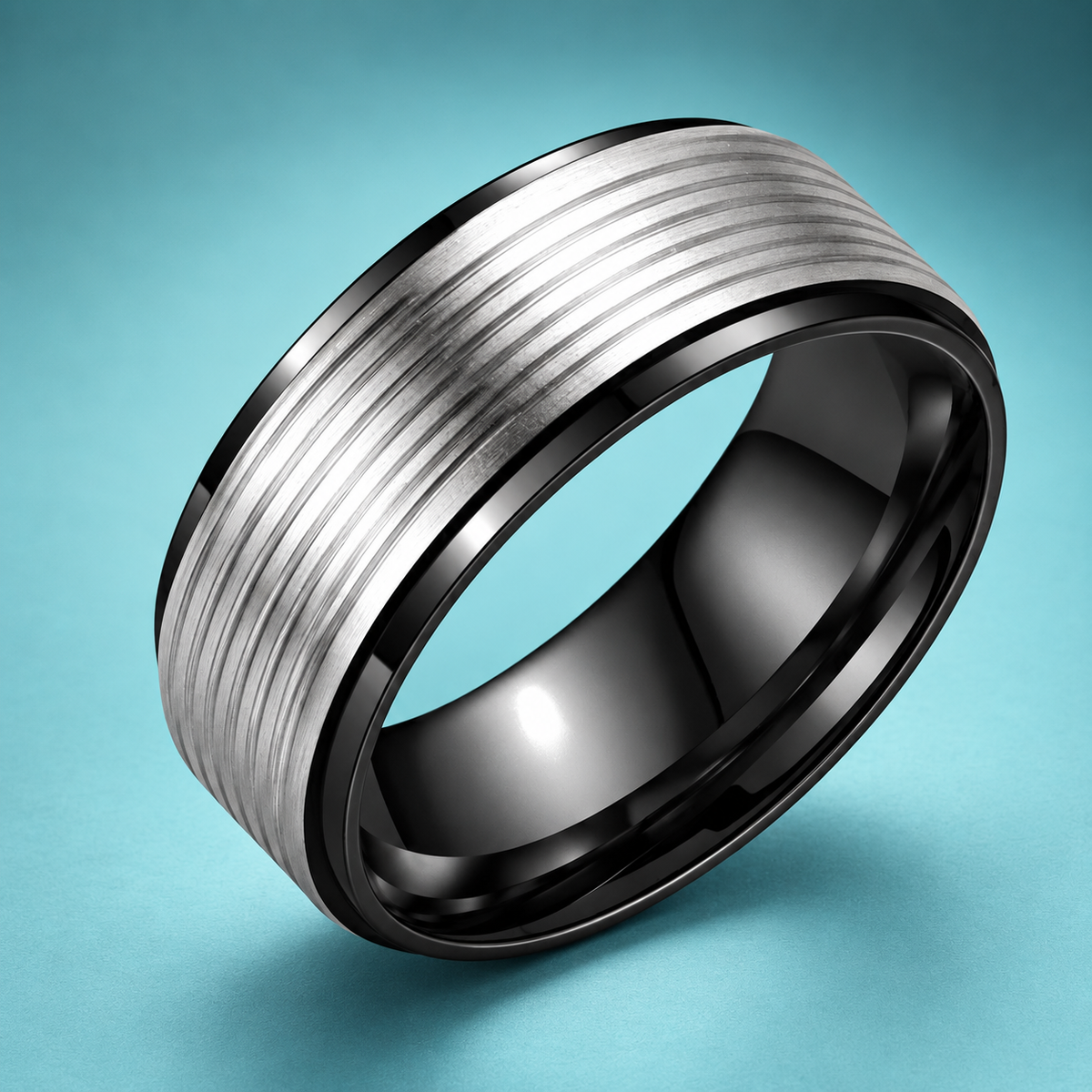 Black and Silver-Tone Grooved Band in a styled product view.