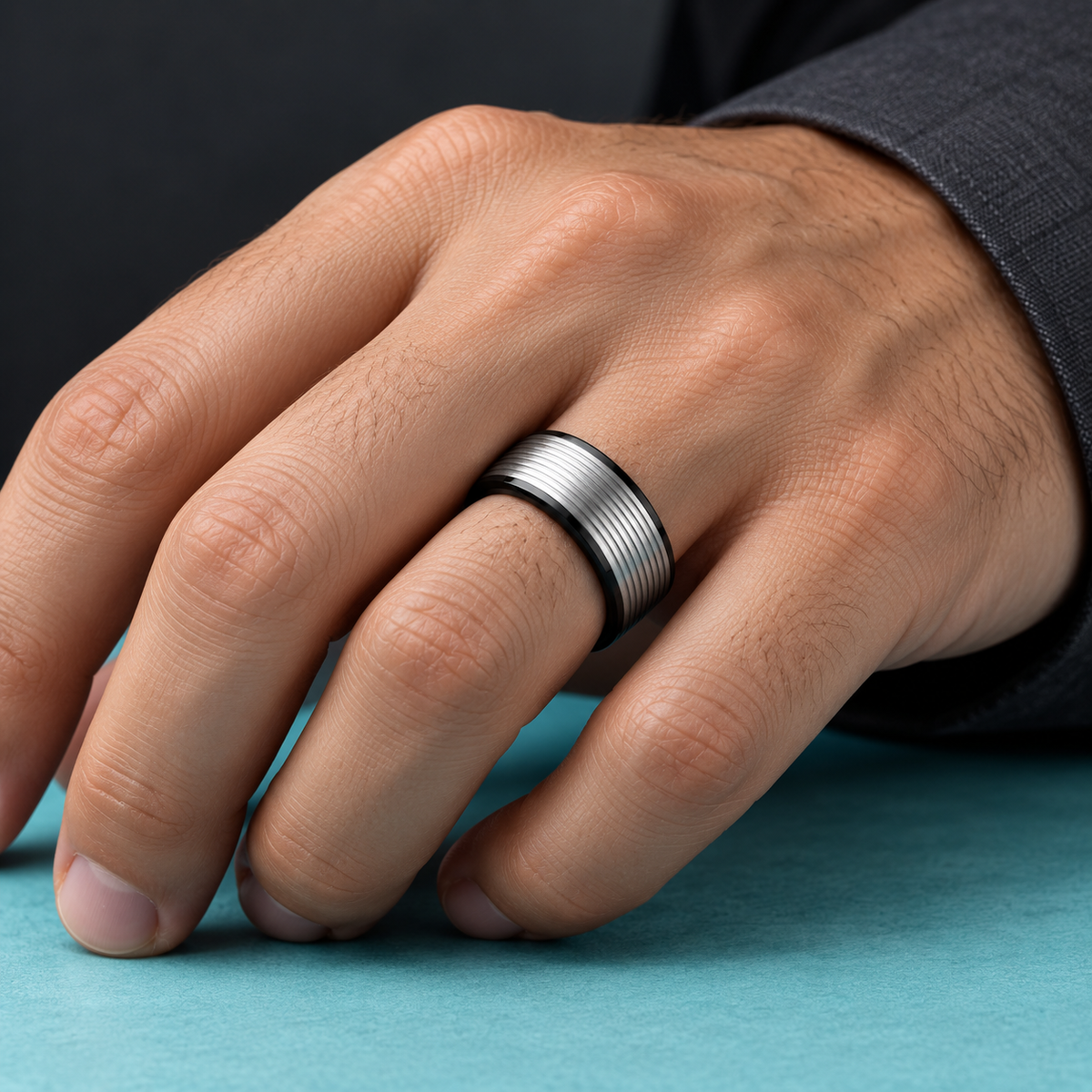 Black and Silver-Tone Grooved Band shown on a hand.