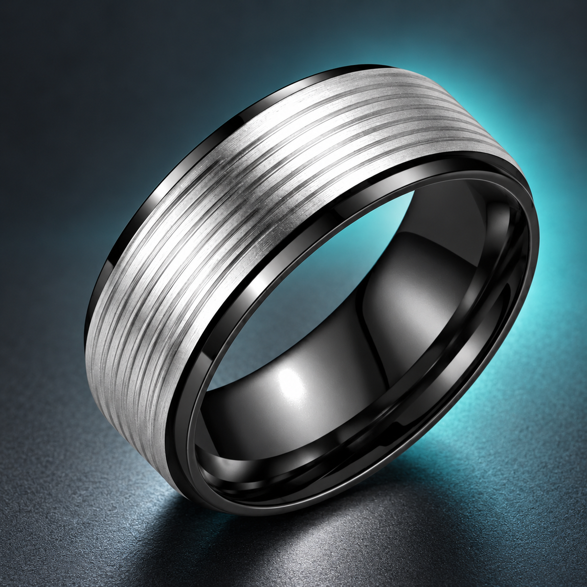 Black and Silver-Tone Grooved Band in a styled product view.