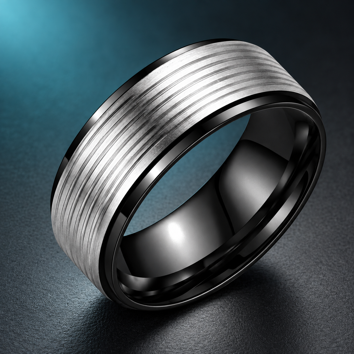 Black and Silver-Tone Grooved Band in a styled product view.