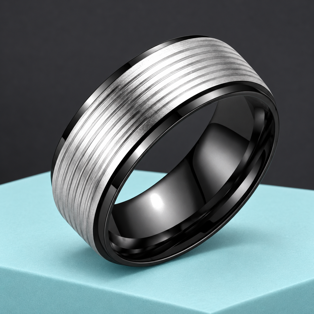 Black and Silver-Tone Grooved Band in a styled product view.