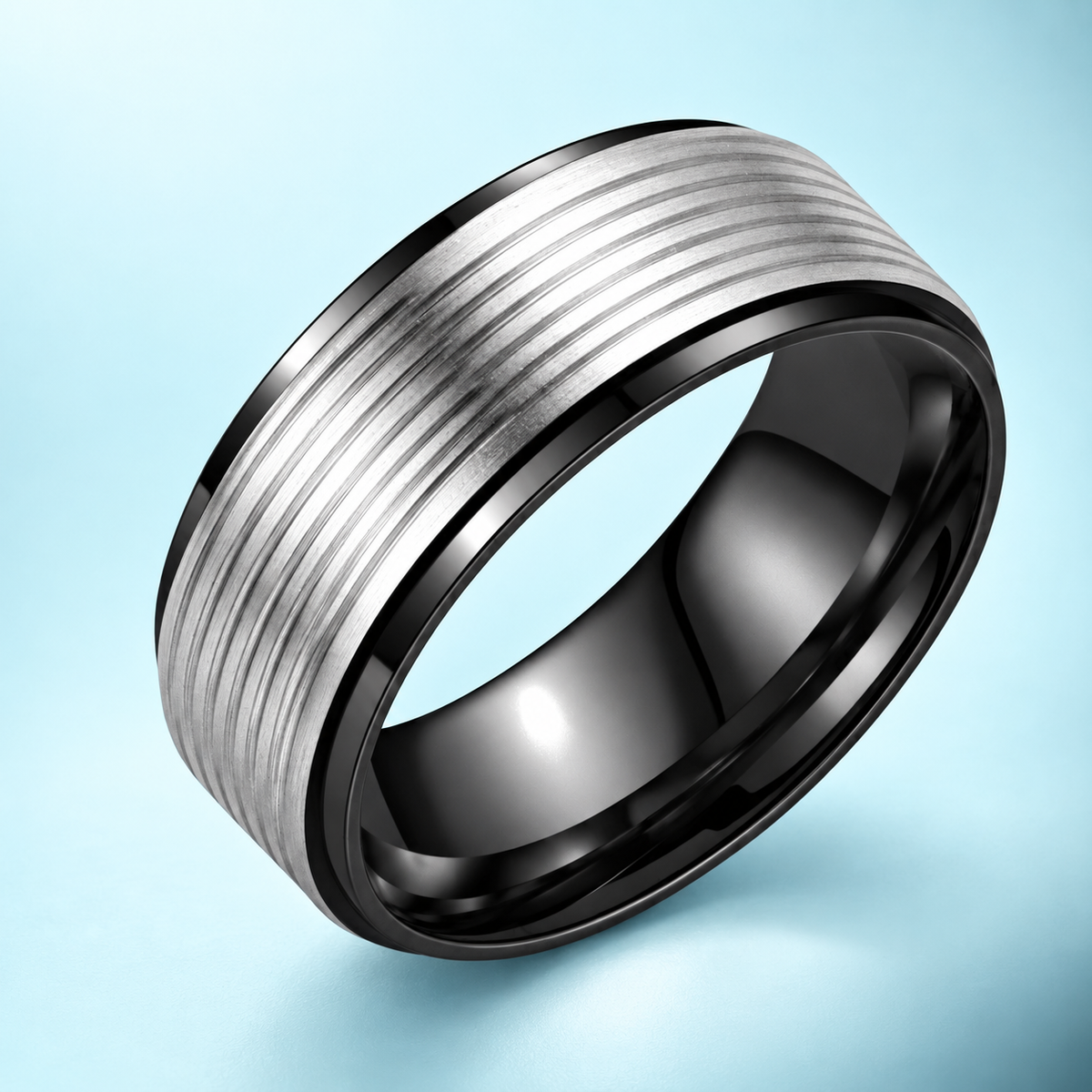 Black and Silver-Tone Grooved Band in a styled product view.