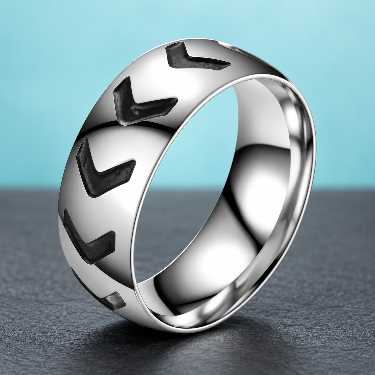 Silver-Tone Chevron Pattern Band in a styled product view.